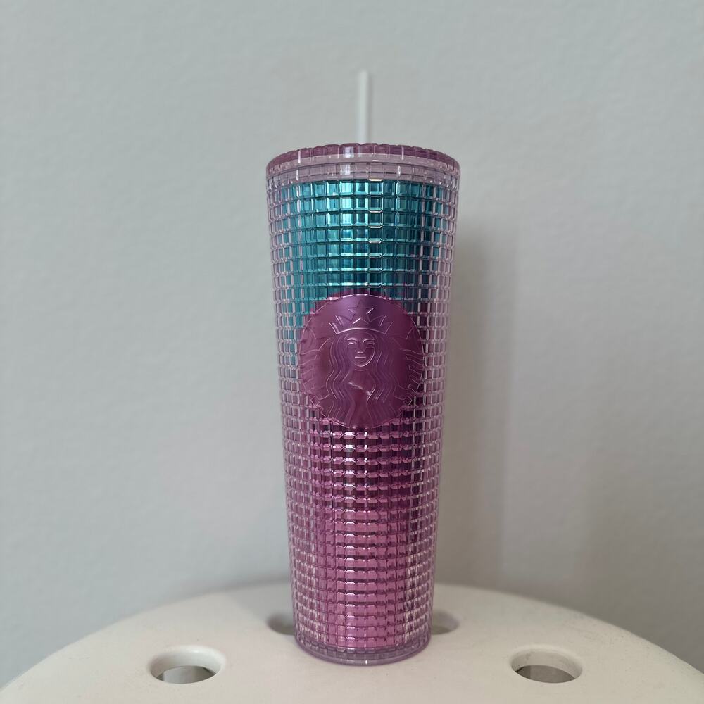 Starbucks iridescent grid pink blue disco acrylic cold cup tumbler 24oz